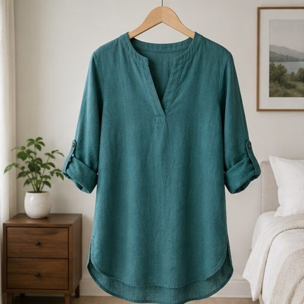 Teal Split Neck Tunic Blouse